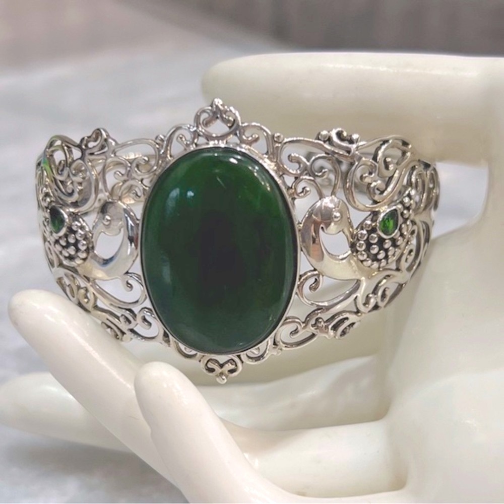 Canadian Nephrite Jade Multigemstone Openwork Peacock Sterling Silver Cu…